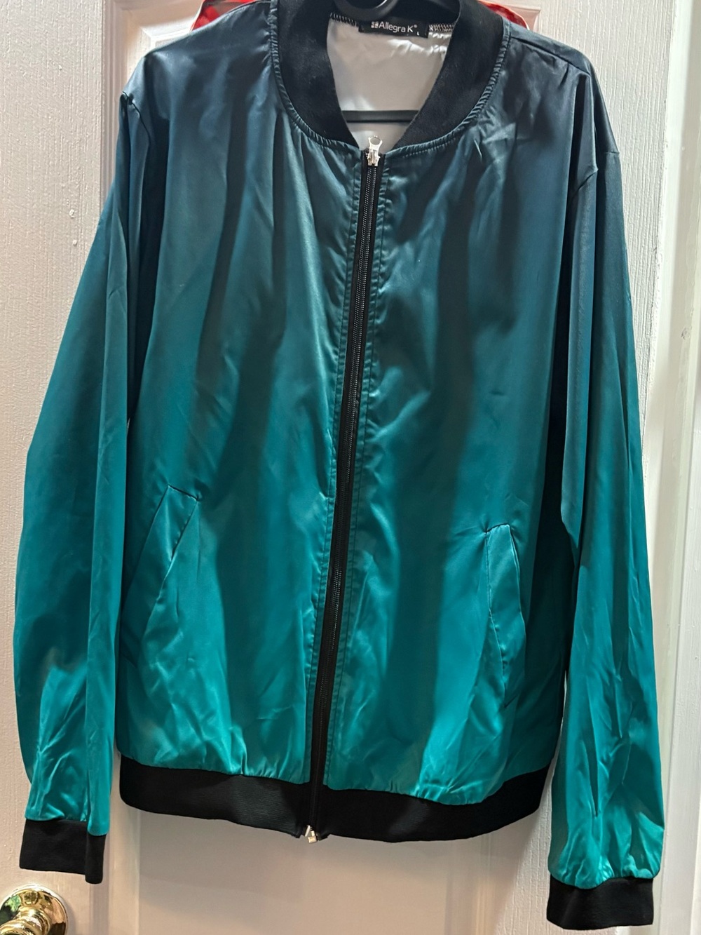 Allegra K Teal Green Satin Bomber Jacket with Black Trim